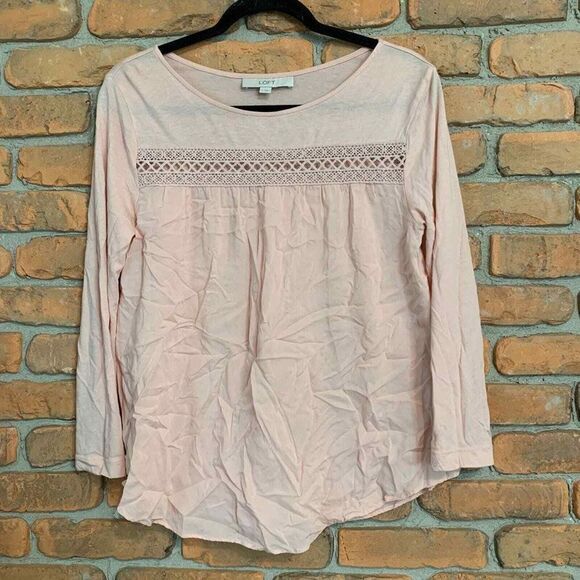 LOFT Womens‎ Small Top Blush Pink Long Sleeve Crochet Lace Trim Blouse Feminine - Picture 1 of 5